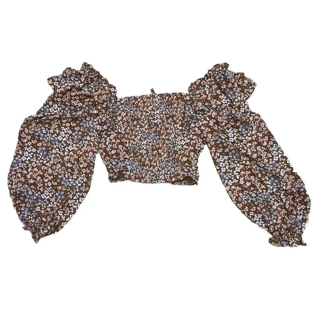 ASTR The Label Top Women's‎ M Brown Floral Puff Sleeve Peasant Ruffle Smocked